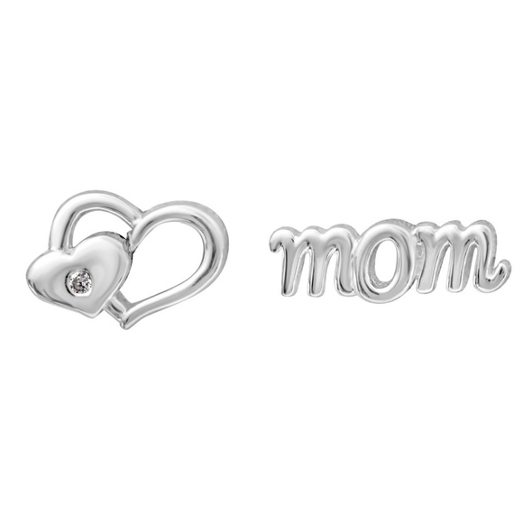 Sterling Silver Asymmetrical Heart And Mom Stud Earrings - Picture 1 of 1